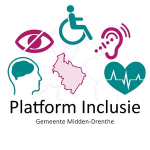 Logo Platform Inclusie. Iconen van een cognitieve, visuele, fysieke, auditieve beperking rondom een kaart van Midden-Drenthe. Daaronder de woorden Platform Inclusie en Gemeente Midden-Drenthe.